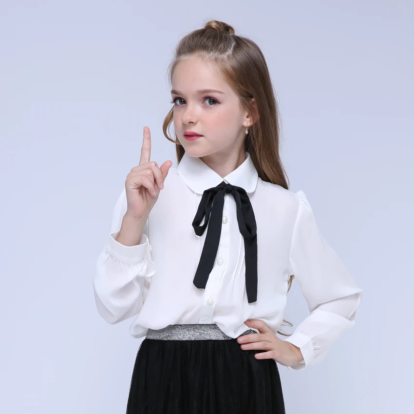 Шифоновые рубашки для девочек; Детская школьная форма с длинными рукавами; белые блузки для маленьких девочек; весенне-осенняя одежда с бантом для малышей; топы