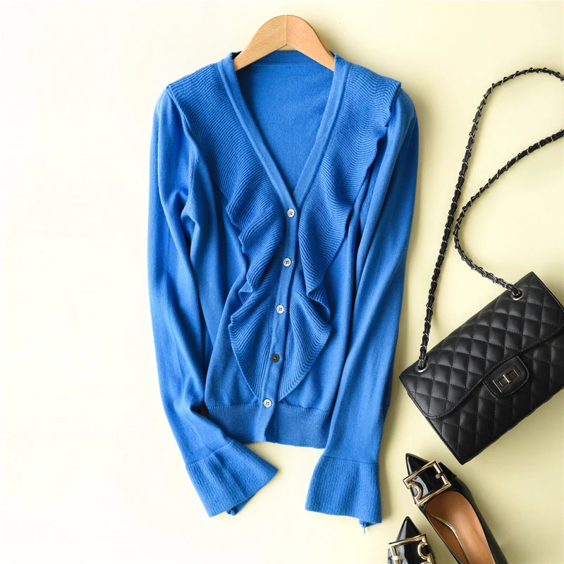 ZEANGSEA-2018 spring and autumn new sweater sweater jacket V-neck ruffled trumpet sleeve fashion wild thin section breathable 