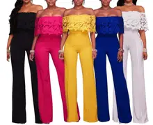 Hollow Off Shoulder One Word Collar Summer Sexy Overall Women Jumpsuit Lace Loose Long Rompers Pants Solid Color Red Blue Yellow grey blue loose off shoulder lace detail top