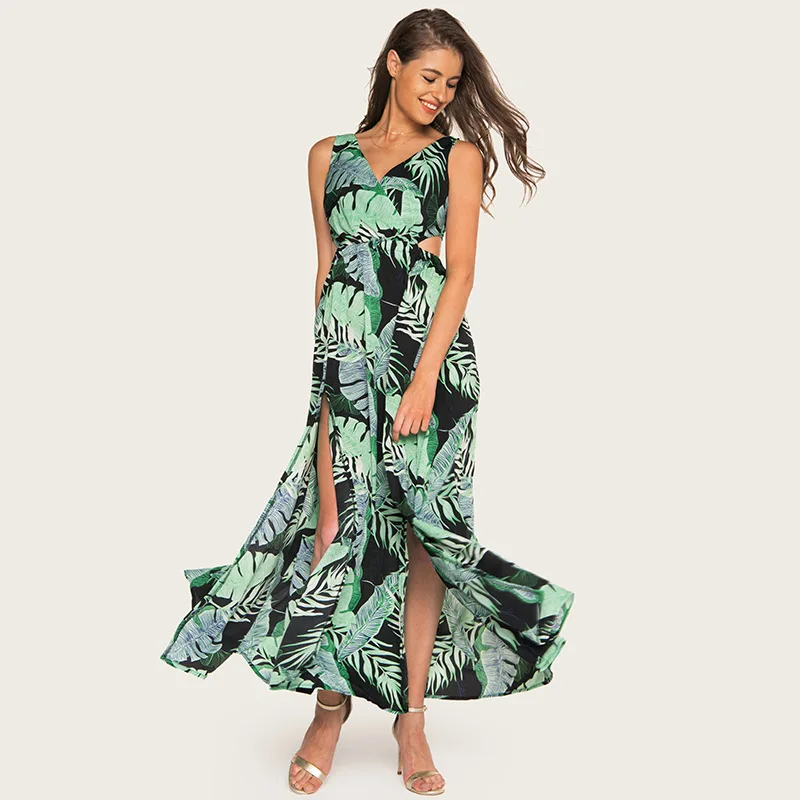

Sexy Vestido Summer Women Bohemian Cut Out Slit Palm Leaves Leaf Long Dress