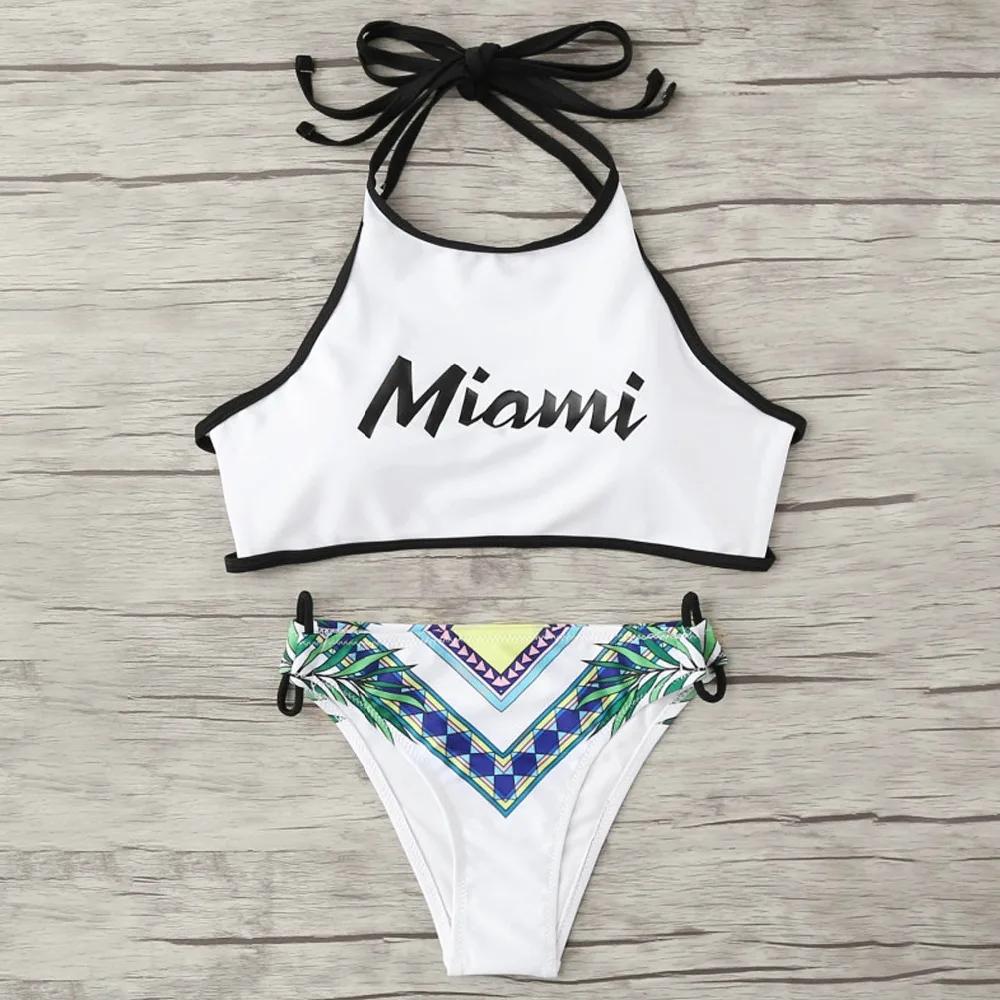 TOPMELON Letter Swimsuit Women Halter High Neck Swimwear Bikini Sets