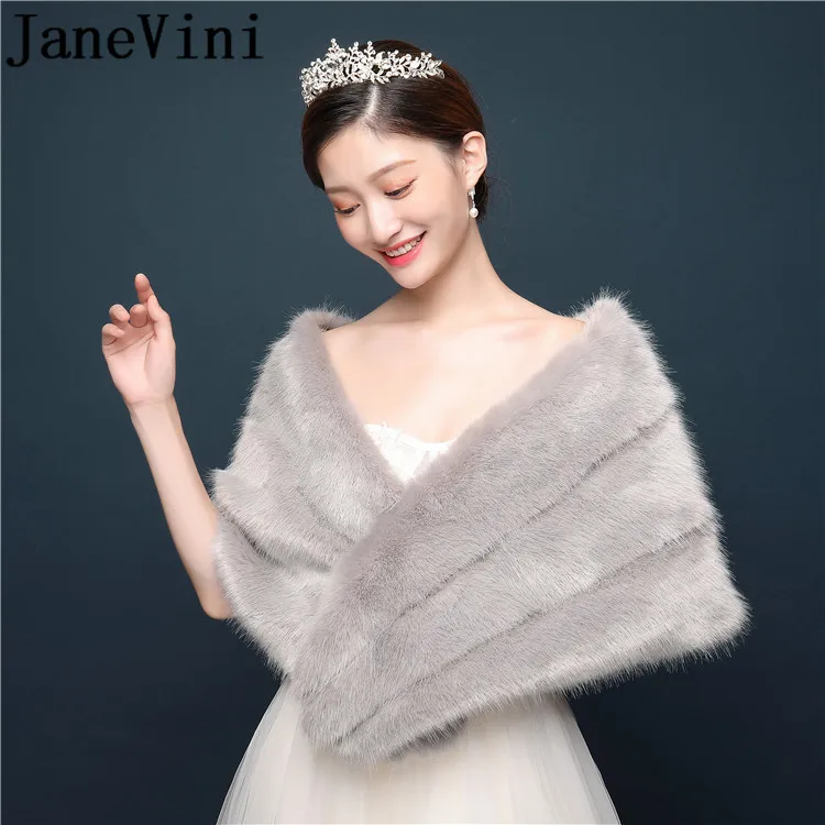 JaneVini 2019 Elegant Wedding Bridal Faux Fur Wraps and Shawls Winter Party Dresses Warm Coat Stoles Jacket Wedding Accessories