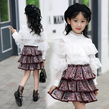 

2018 spring summer teenage girls white long sleeve blouse lace +skirt 2 pieces sets