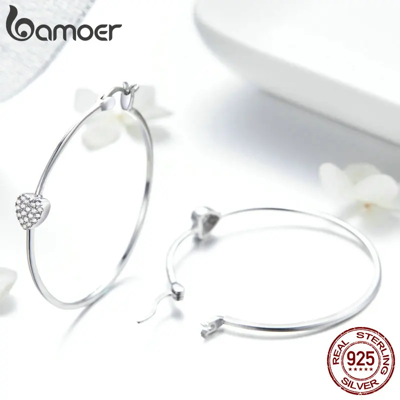 BAMOER Authentic 925 Sterling Silver Big Circle Love Heart Shape Clear CZ Drop Earrings for Women Wedding Silver Jewelry SCE518