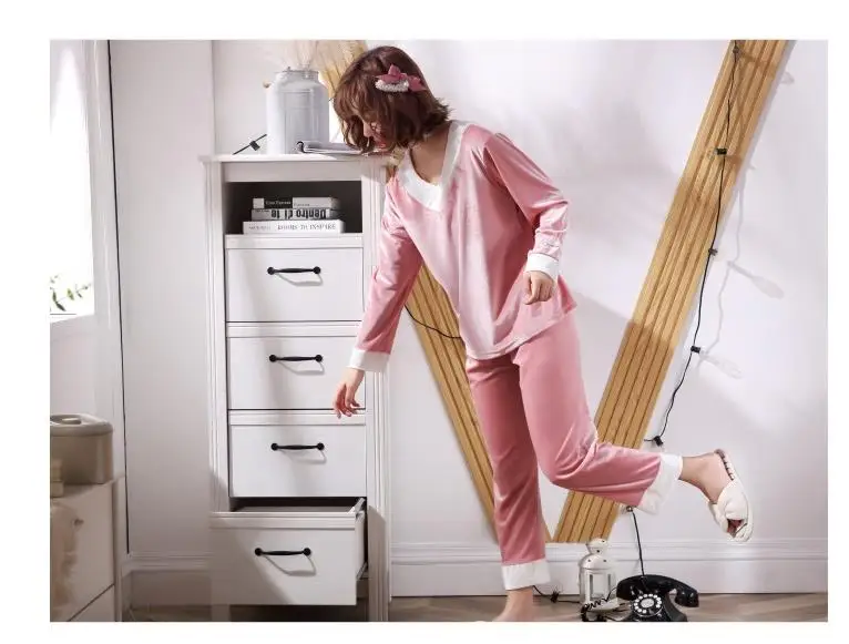 JRMISSLI сплошной Золотой Бархат камуфляж Для женщин пижамы установить осень Зимний пуловер брюки корейский стиль Милая домашняя одежда