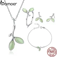 BAMOER hakiki 925 ayar gümüş ağacı yaprakları tomurcukları yeşil emaye takı setleri kadınlar için gümüş takı ZHS070