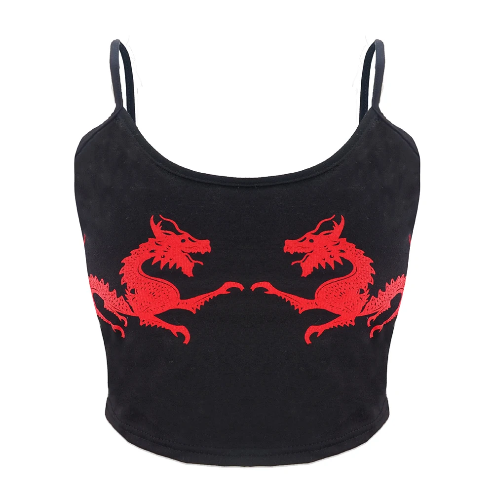 Women Summer Fitness Dragon Pattern Sleeveless U Neck Cropped Casual Fashion Sexy Polyester Crop Tops Straps Attractive Tight