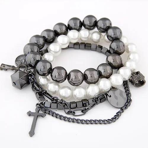 

LEMOER Fashion Multielement Cross Coin Beauty Charm Bracelet Multilayer Chain Pearl Beads Bracelets Bangles for women Jewelry