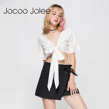 

Jocoo Jolee V Neck Half Sleeve Cropped Tops Blouse Women White Wrapped Bow Tie Summer Shirt Sexy Tee Women Casual Top Blouses