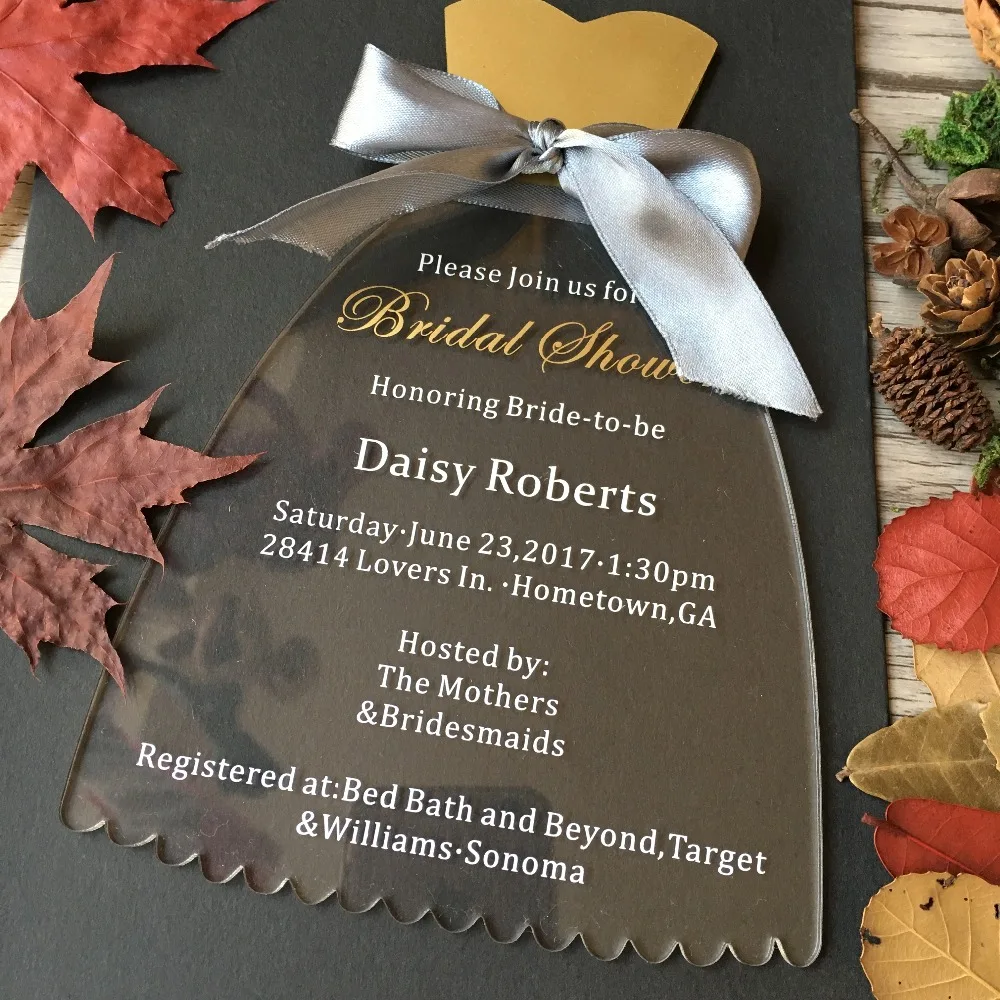  Customized 5X7inch 100pcs per lot dress shape Clear Acrylic Bridal shower Invitation Card Acrylic I - 32793991237