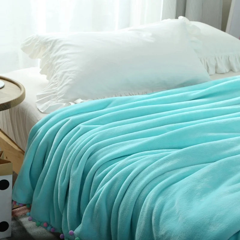

1.5/2m upgraded flannel blanket on the bed/sofa,winter/autumn bedding fleece blanket with pompom,cute throw blanket with ruffle