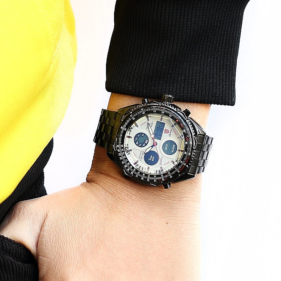Eightgill Shark Sport Watch Dual Time Digital White Analog Black Stainless Steel Strap Chronograph Quartz Men's Timepiece /SH114