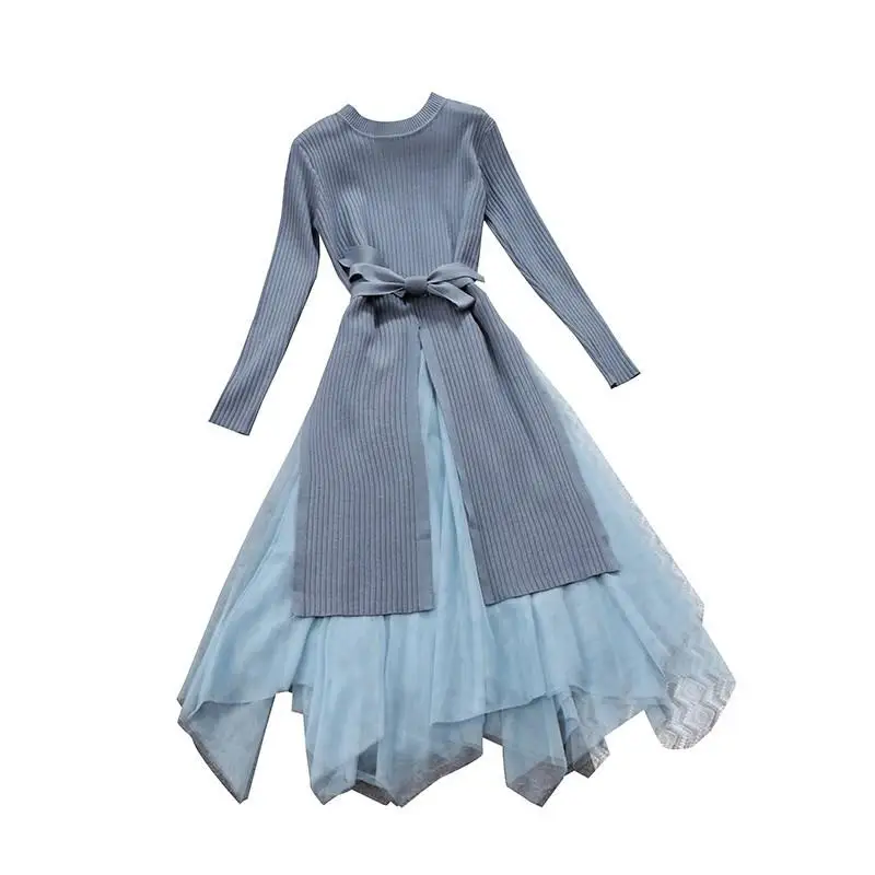 

2018 Autumn Winter New Women O-neck Long Sleeve Knitwear Sweater Mesh Pleated Mid- Length Two Piece Dress Sets Female SuitsV321