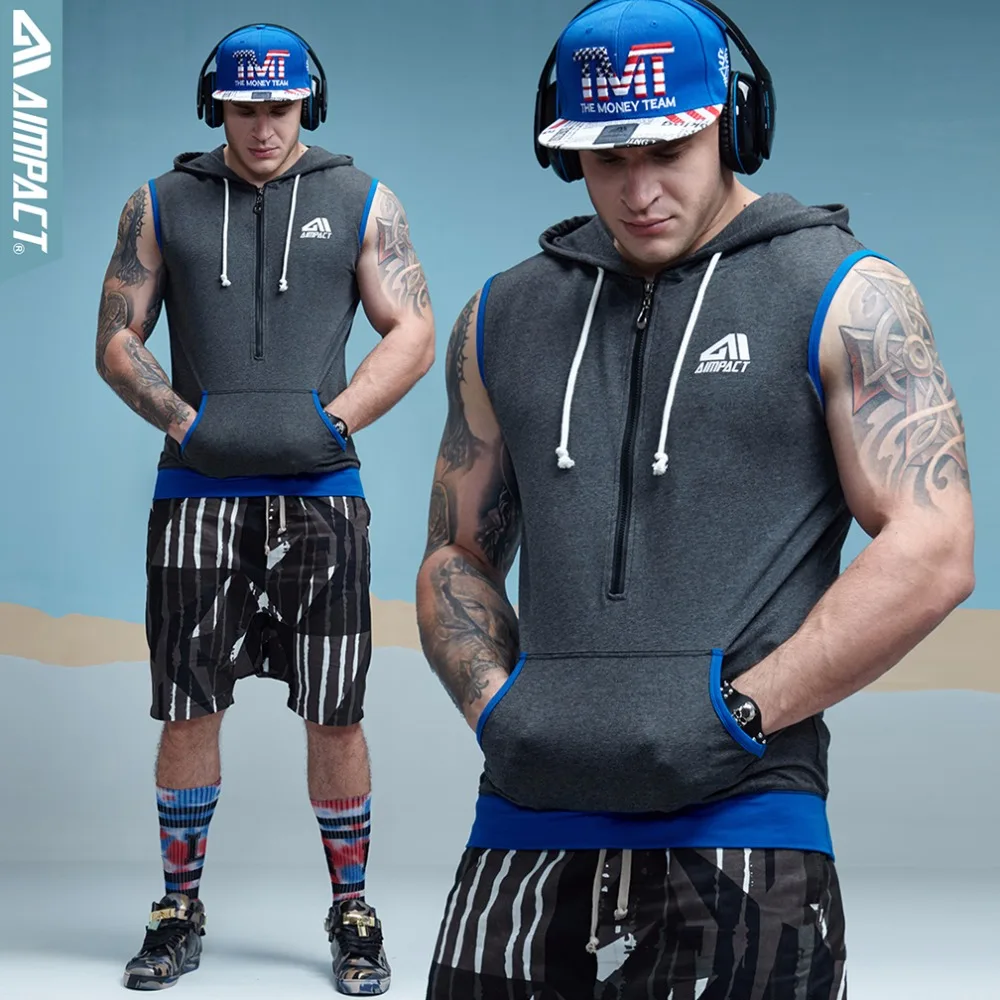 Aimpact Men's Cotton Sleeveless Hoodie | Bodybuilding Crossfit Workout Tank Tops - Muscle Fitness Shirts | Male Jackets - Top AM1012 image 4