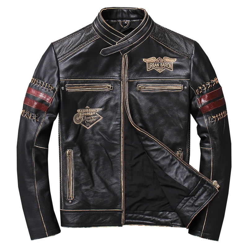 

2019 Vintage Black Men Slim Fit Motorcycle Leather Jacket Plus Size XXXL Genuine Cowhide Spring Natural Biker Coat FREE SHIPPING