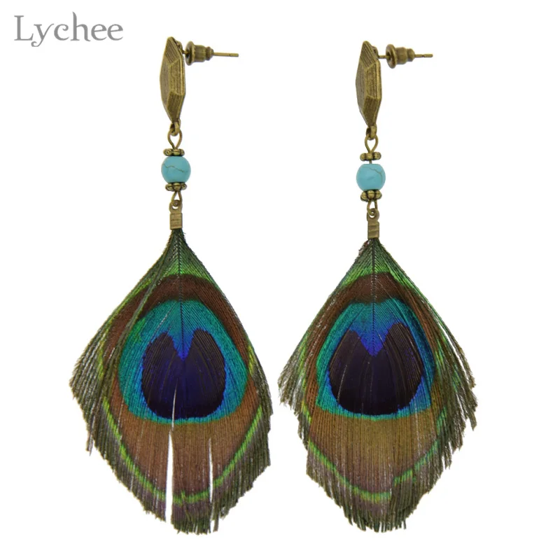 Lychee Ethnic Peacock Feather Drop Earrings Vintage Multi Color Peacock ...
