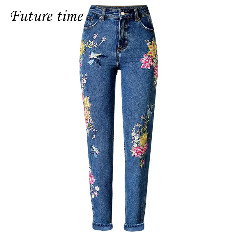 women embroidery jeans, slim fitting ripped high waist deninm pants