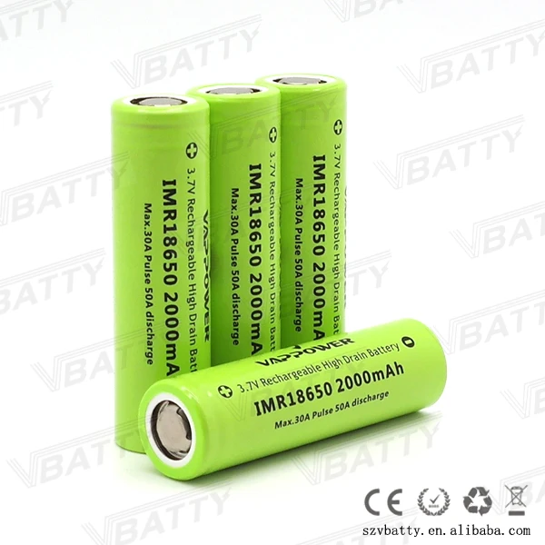 Vappower IMR 18650 2000mah 30A 3,7 V перезаряжаемый литий-ионный аккумулятор с плоским верхом(1 шт