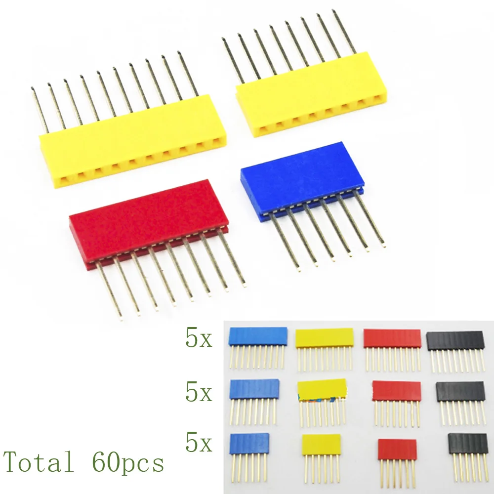 6p 8p 10p mixed 60 шт цветные 2,54 мм Однорядные прямые штыревые коннекторы гнездо 11 мм длинные штыревые разъемы PCB - Цвет: 6p 8p 10p mixed