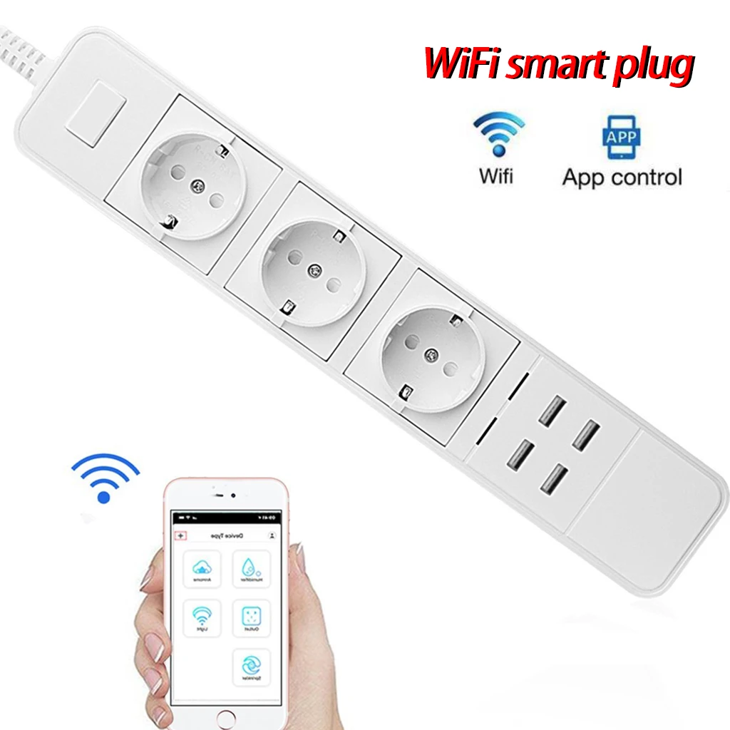 WiFi Smart Power Strip 2500W Socket Network Filter with 4 USB Fast Charging Ports APP remote control Voice Control EU UK Plug