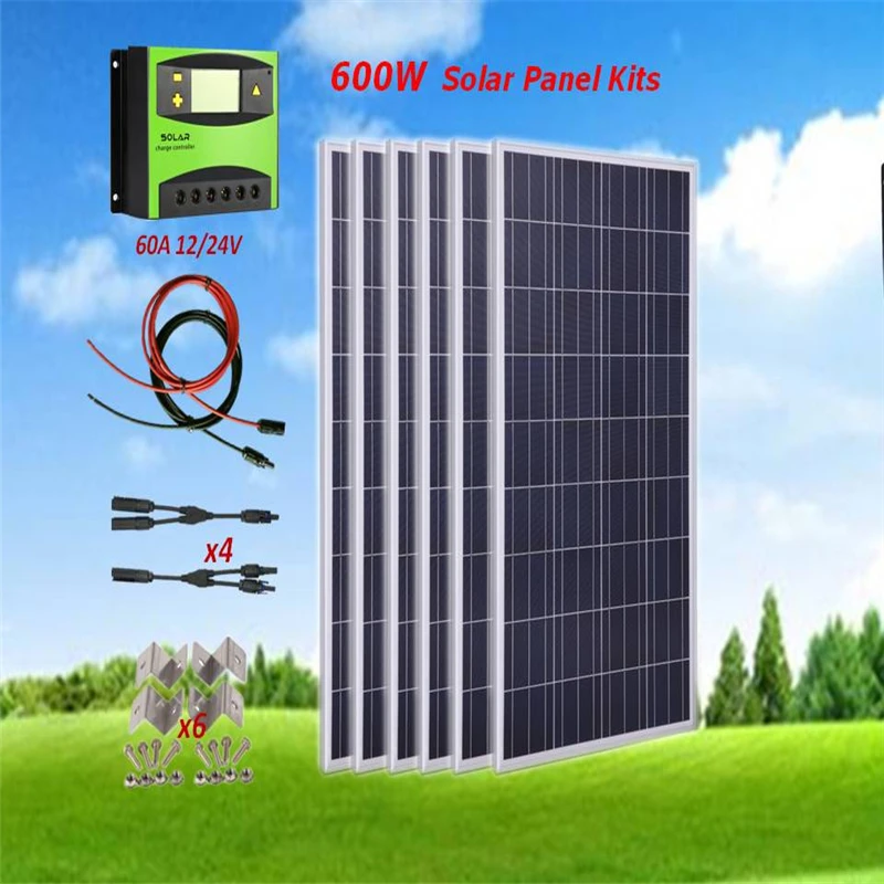 

600W Solar Panel Kit : 6 x 100W Poly Solar Panel W / 60A Controller + 5M Cable + 4 Pairs MC4 Branch Adapter + 6 Sets Z brackets