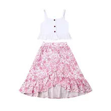 Милая одежда для маленьких девочек от 3 до 7 лет жилет с оборкой на бретельках, топы, платье с цветочным рисунком, комплект одежды