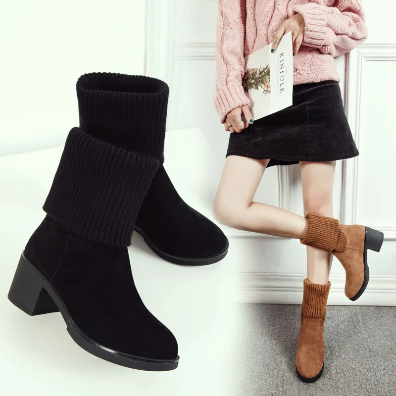 

Europe Women's Boots Flock Martin Boots Platform Mid-calf Elastic Female Boot 2018 Autumn Winter Fashion Slip-on Plus Size 35-41