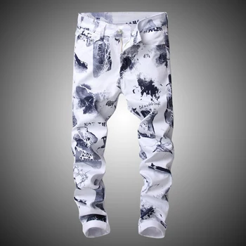 

Hip Hop Printing White Denim Pant for Men Slim Pant Personality Print Denim Pants Men Casual Printed Trousers for Male D2803