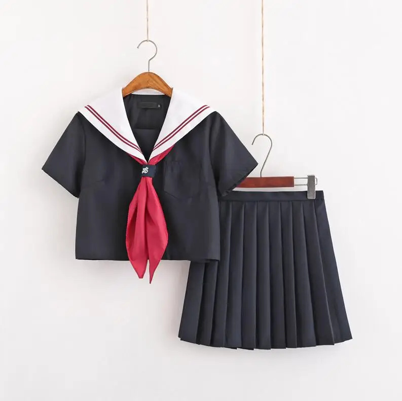 137 SHORT sleeve set Красный 2 линии черный японский JK наборы морской моряк школьная форма для девочек школьная форма косплей японская школьная форма JKX137 - Цвет: 137 SHORT sleeve set