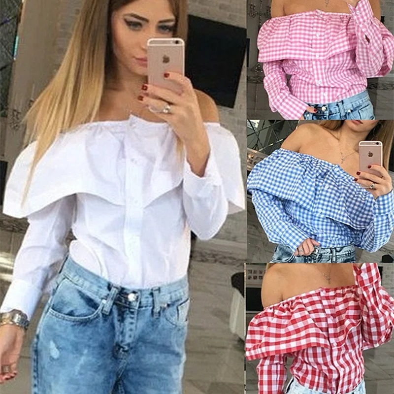 

Sexy Off Shoulder Tops Slash Neck Ruffles Long Sleeve Women Blouse Button Cardigan White Red Pink Blue Plaid Cotton Female Shirt