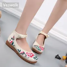 Veowalk/ручной работы; сезон весна; китайский хлопок; вышитые балетки на плоской подошве; Женская Повседневная парусиновая обувь с ремешком на щиколотке в винтажном стиле; zapatos mujer