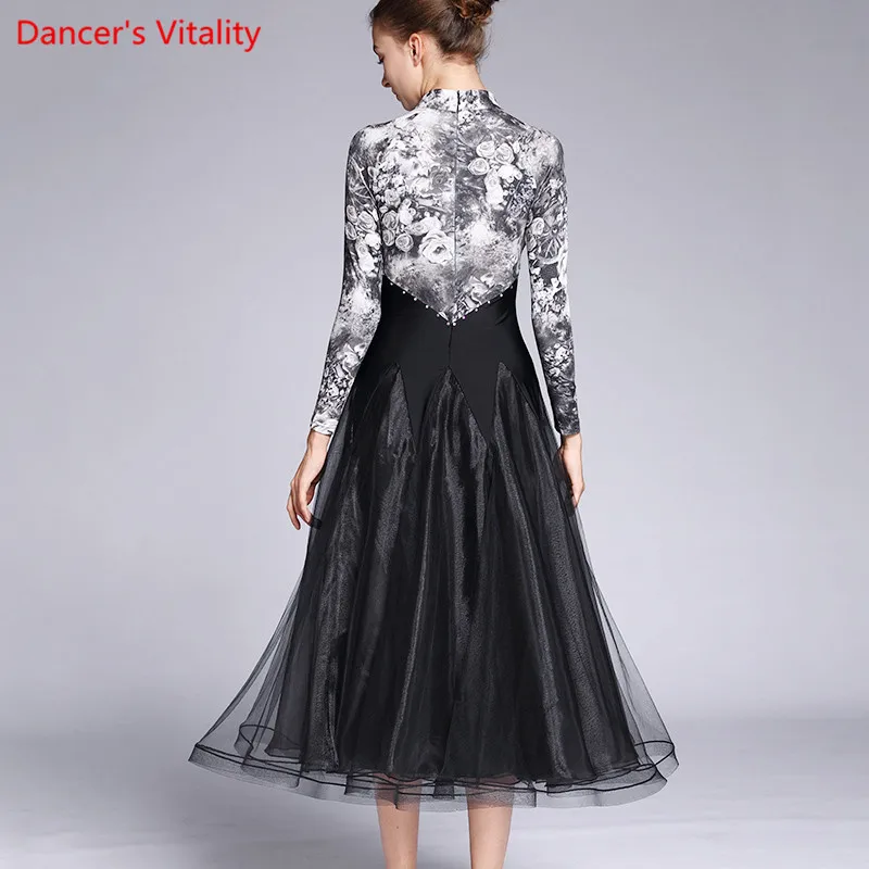Модное платье для бальных танцев с принтом Новое Женское вельветовое с длинным рукавом большие свинг-платья женские латинские танцы Вальс Танго костюмы