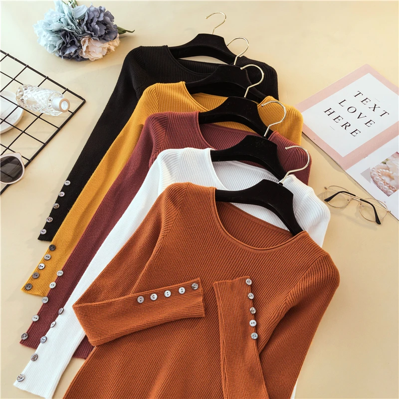 

2019 New Autumn Button Knitted O-Neck Women's Sweater Slim Basic Jumper Elastic Pull Femme Pullover Casual Winter Lady's Sweater