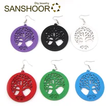 SANSHOOR, pendientes Vintage de madera de árbol de la vida, colgante de gota sostenible, joyería sellada en 6 colores como regalos de Navidad para mujeres, 2 pares