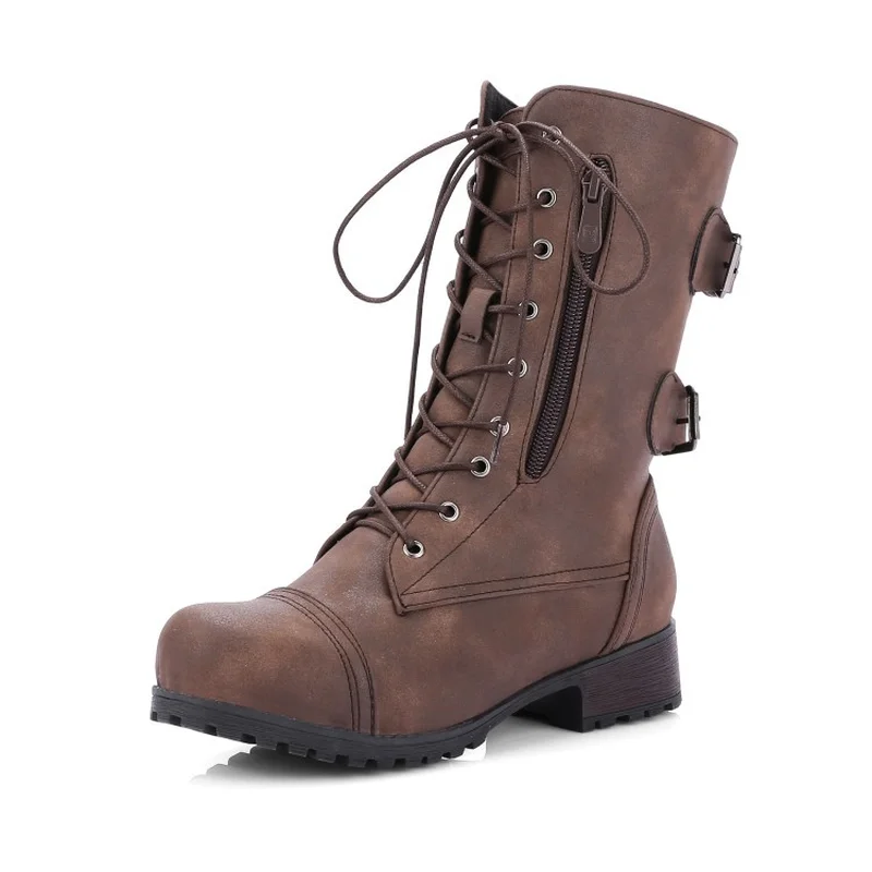 

LZJ Fashion Warm Plush Winter Women Mid-Calf Boots For Women Shoes Leather Lace-Up Autumn Zip Motorcycle Boots Shoes Woman