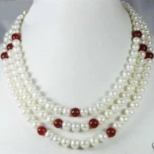Envío Gratis Natural Cultivadas de agua dulce Blanco Perla Jade Rojo Collar de Las Mujeres Ronda de Los Granos Diy 3 Filas 7-8mm Jewelry Making MY5214