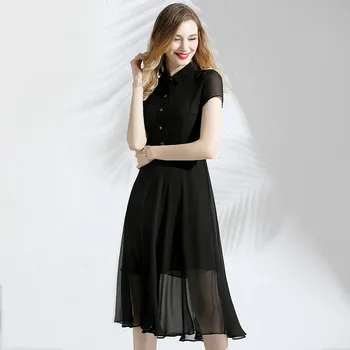 

Black Dress Women Summer 2019 New Polo Collar Short Sleeves Lace Patchwork Chiffon Solid Color Slim A-Line Dress Over The Knees