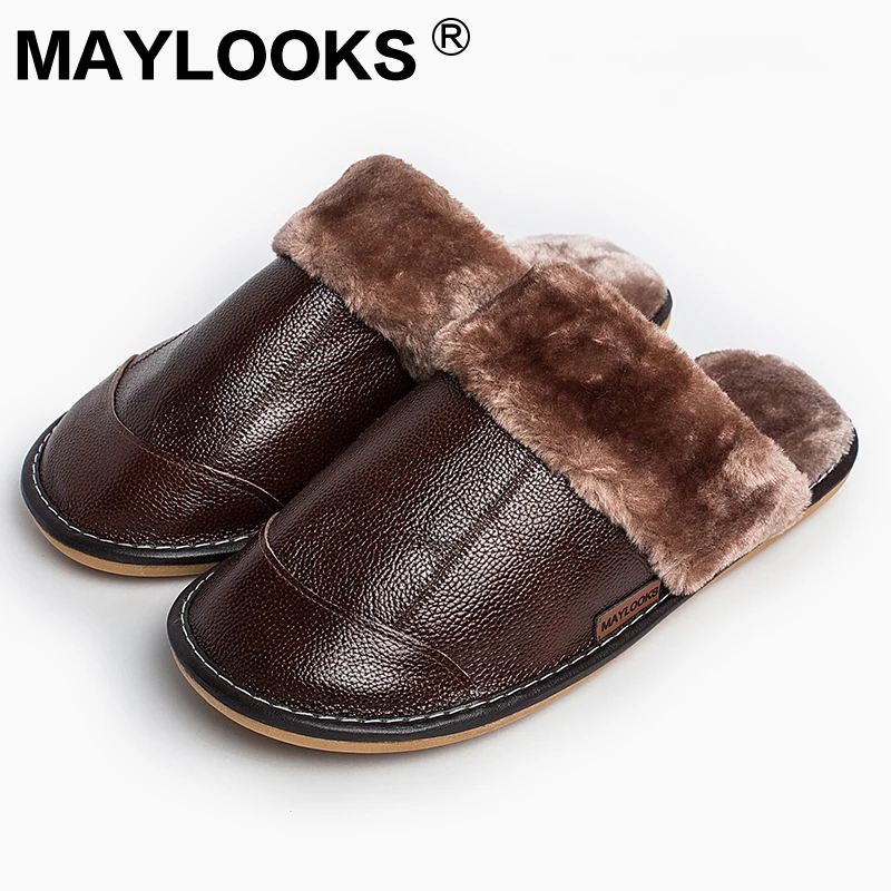 Prix Hommes de Pantoufles D hiver véritable Cuir Épais Avec de La Maison En Peluche Intérieure Non slip Thermique Pantoufles 2018 Nouveau Offre Spéciale Maylooks m 8837