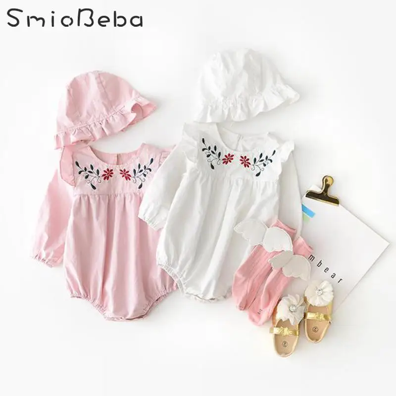

Girl Baby 0-3 Year Rompers Baby Cotton Lotus Leaf Edge Flying Sleeve Long Sleeve Triangle Crawling Clothes To Send Hats Rompers