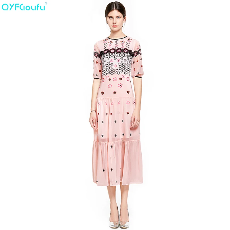 

QYFCIOUFU New Woman Luxury Runway Dresses 2019 Women High Quality Floral Print Midi Dress Half Sleeve Vacation Pink Dress