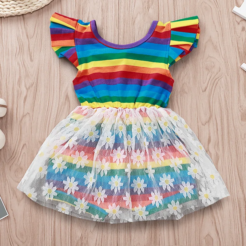 

Baby Girl 2019 Rainbow Romper Colorful Striped Short Romper Tutu Skirts Flutter Sleeve Playsuit Summer Clothes for Girls