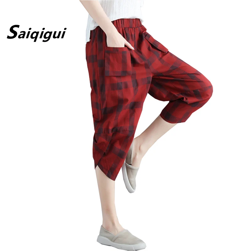 

Saiqigui 2019 new arrive Summer Women Calf-Length Pants Elastic waist Casual loose Pockets Cotton Linen pants Plaid harem pants