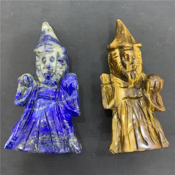 

GJ Crystal Sorcerer 72mm Hand Carved Natural Blue Lapis Lazuli And Tiger Eye Quartz Stone Crystal Wizard for Gifts