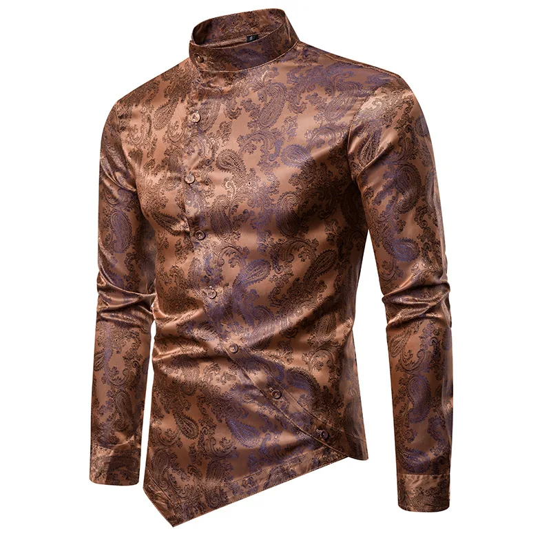 YYear Men Long Sleeve Button Paisley Printed Irregular Slim Shirt