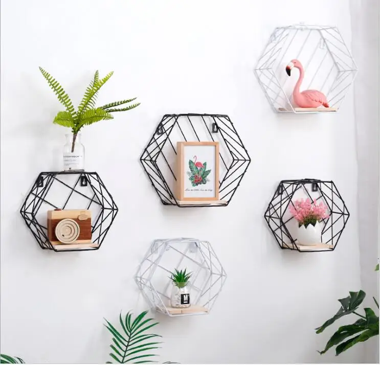 

Hexagon Shape small Size Metal Wall Rack Iron Flower Vase Holder Multi-use Metal Wall Sundries Holder Wall Shelf Storage Basket