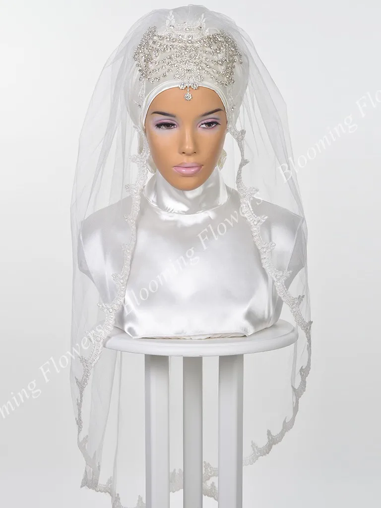 Мусульманский Свадебный хиджаб Кристаллы Бисероплетение Исламская свадебная фата Кружевная аппликация тюрбан для невест до локтя