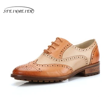 

Genuine sheepskin leather brogues Yinzo woman flats shoes blue red black handmade vintage oxford shoes for women 2020 spring