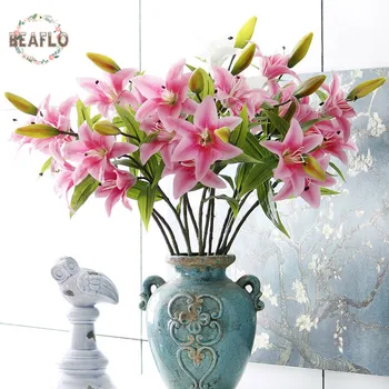 

1PC Silicone Artificial flower 3 Heads Lily Bud with Long Rod bouquet for Wedding Home Party Hotel Decorative