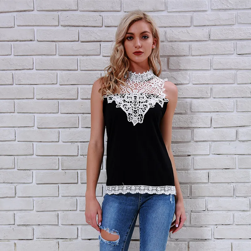 New Fashion Summer Women Blouse Black Sleeveless Lace