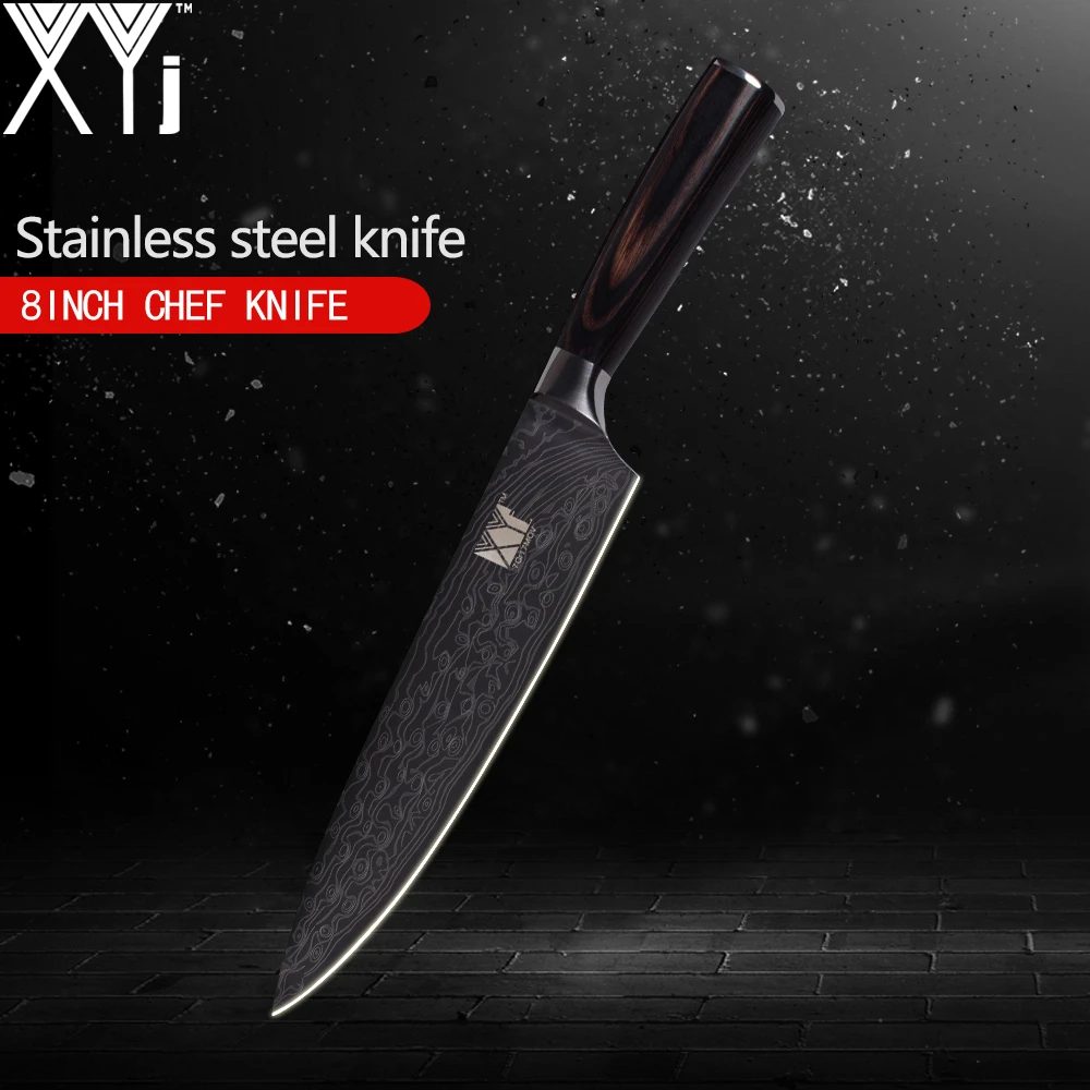 

XYj 7Cr17Mov Stainless Steel Knife Single Damascus Veins Pattern Kitchen Knife Color Wood Handle Anti-rust Blade Cooking Tools